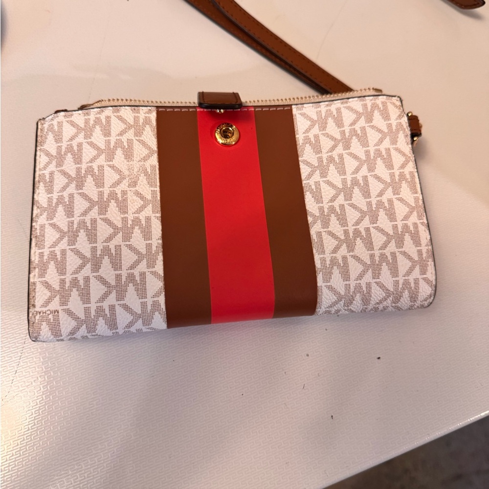 Michael Kors Red and Brown Clutch with Sporty Stripe